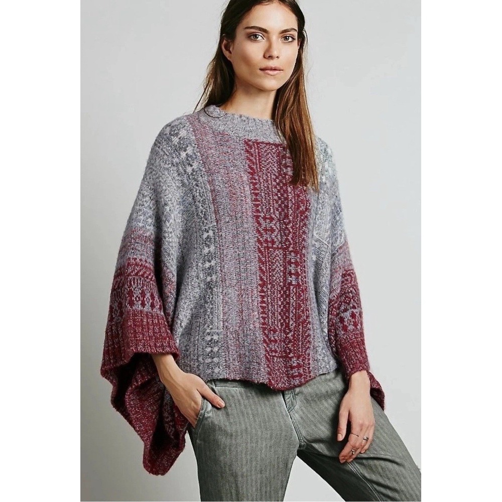Free People Willow Poncho Sweater Women's XS Alpaca Wool Blend Gray Red‎